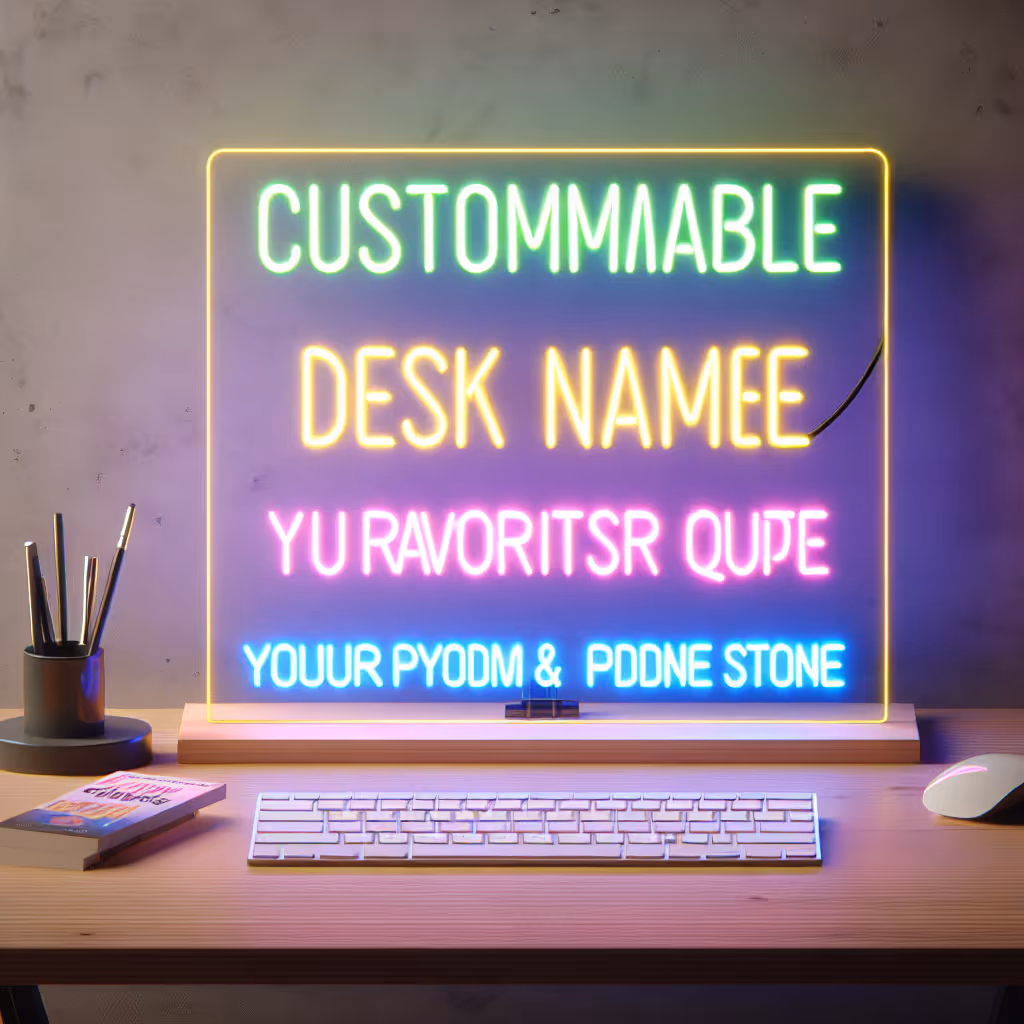 Express your personality with our Customizable Neon Desk Nameplate. Tailor it with your name, favorite quote, or motivational phrase in vibrant neon colors to brighten any workspace.