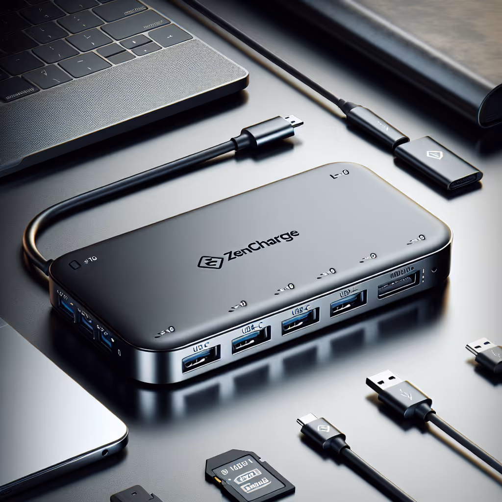 The ZenCharge Multi-Port USB-C Hub simplifies connectivity with multiple USB-C and USB-A ports, HDMI output, and SD card reader, ideal for professionals on the go.
