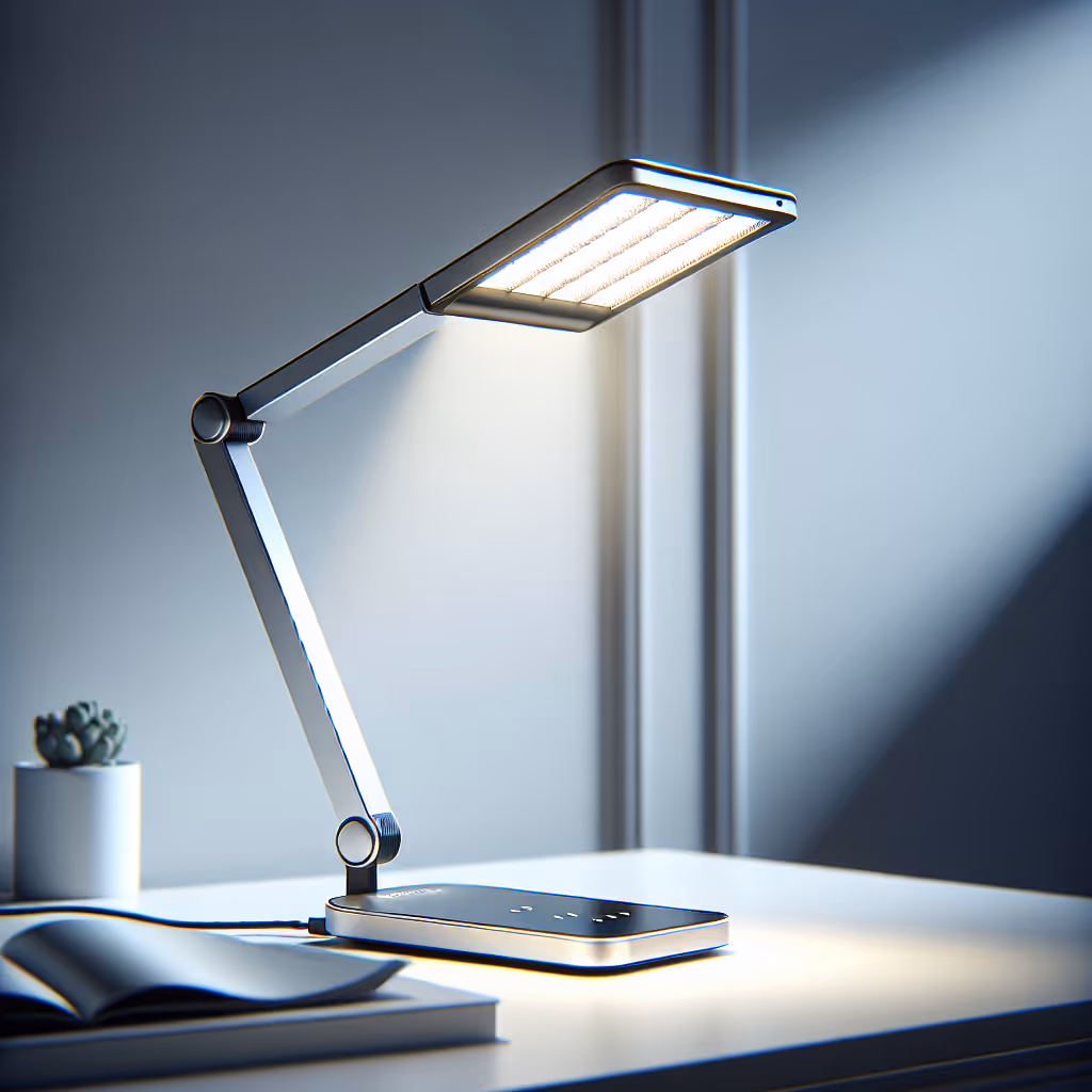 The PulseTech TriBeam Foldable Desk Lamp is a sleek, modern lighting solution with adjustable brightness and a wireless charging pad built in, perfect for tech enthusiasts on the go.
