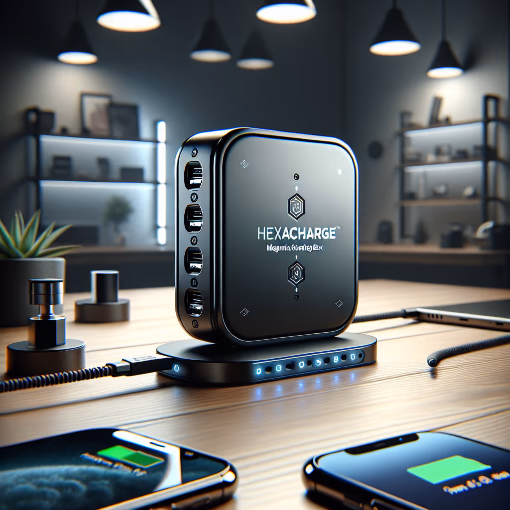 The HexaCharge Magnetic Charging Box is an innovative, compact solution for all your charging needs, featuring multiple magnetic charging ports and wireless charging capabilities.