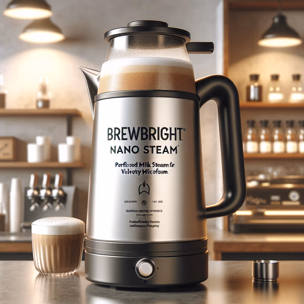 The BrewBright Nano Steam Pitcher offers precise milk steaming for espresso enthusiasts, featuring a patented nano-spray technology for velvety microfoam every time.